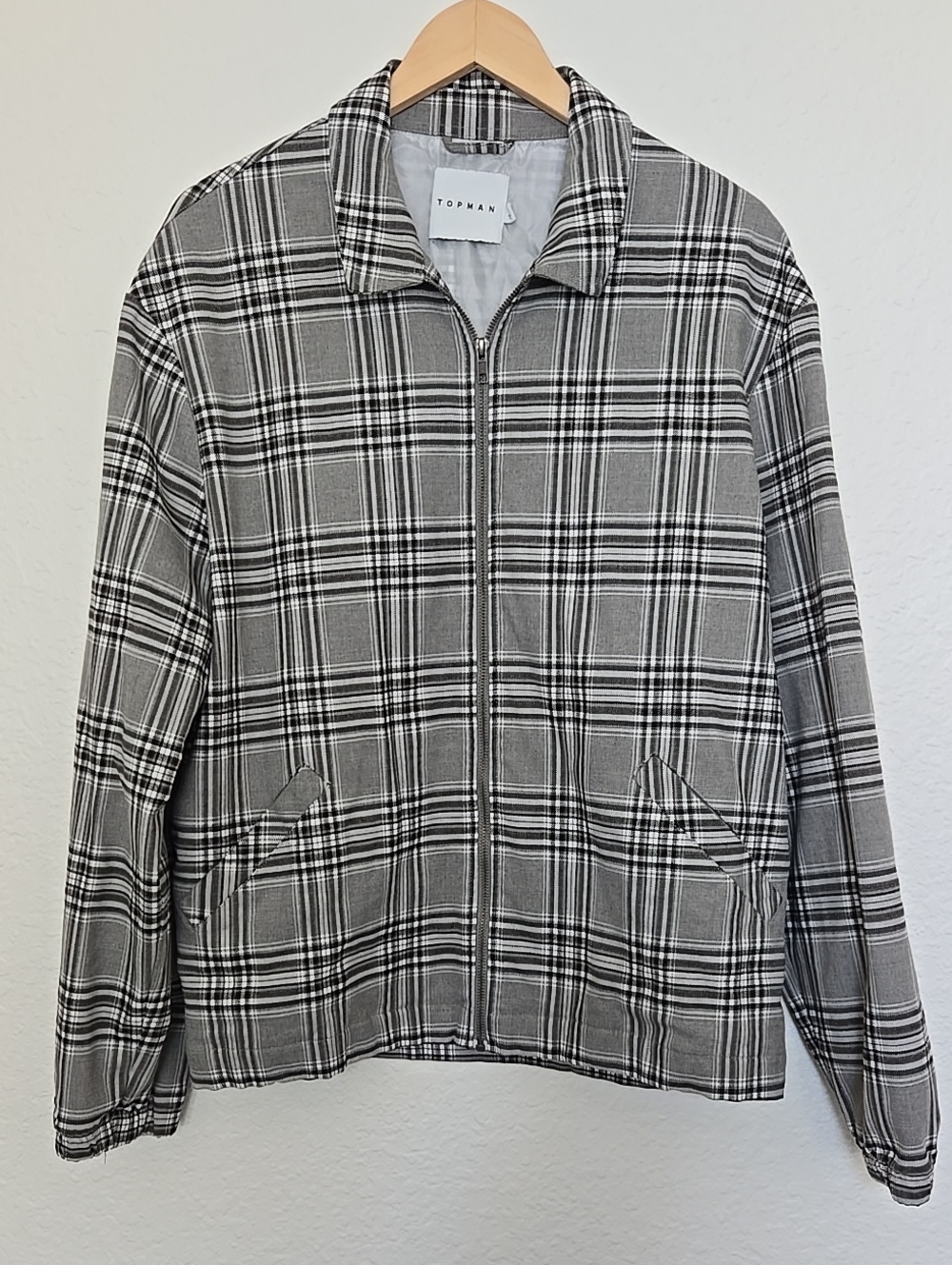 Topman Black & Gray Plaid Lightweight Zip Jacket